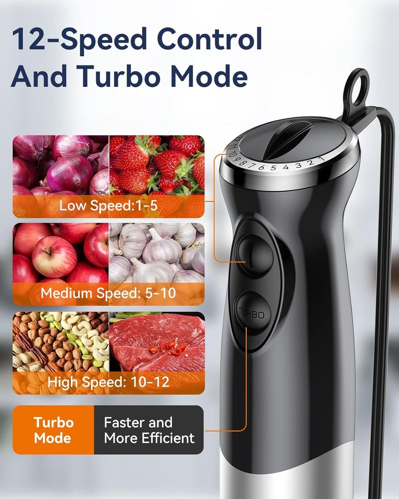 Abuler Immersion Blender Handheld 1000W 5 in 1 Corded Stick Hand Blender Kitchen with 12 Speed, BPA-Free, Mixing Beaker, Chopper, Whisk, Milk Frother, Perfect Emulsifier for Soup, Baby Food, Sauce, Puree - Image 4